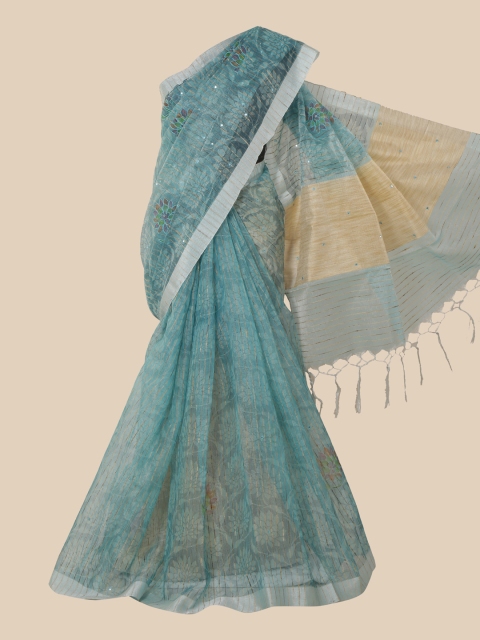 Pothys Turquoise Blue & Pink Floral Tissue Saree