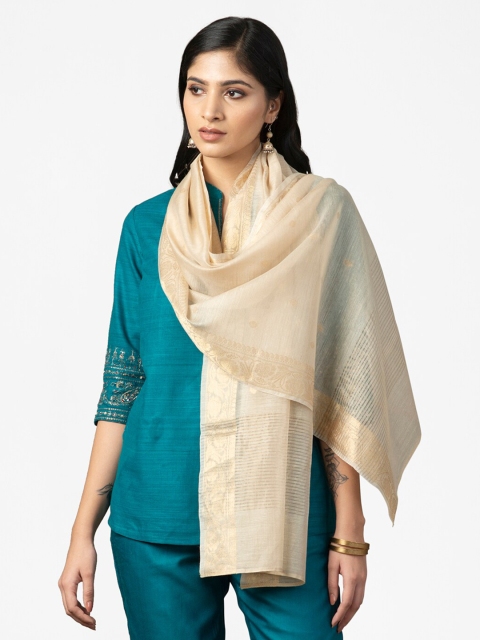

Fabindia Women Off White & Gold-Toned Silk Woven Design Banarasi Stole