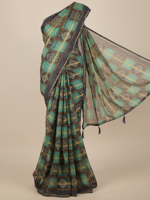 

Pothys Green & Navy Blue Checked Poly Chiffon Saree