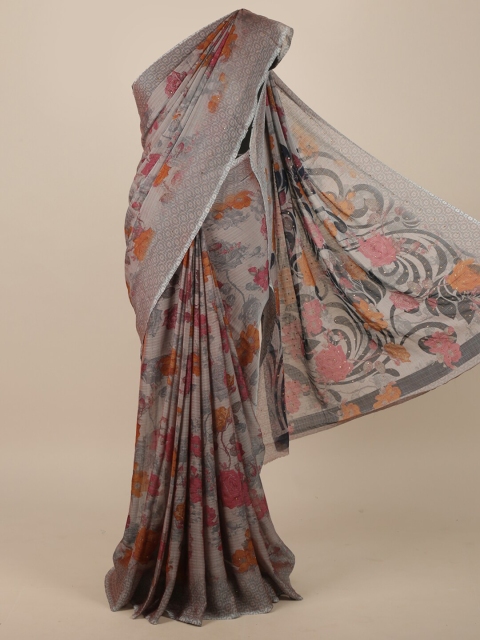 

Pothys Grey & Orange Floral Poly Chiffon Saree