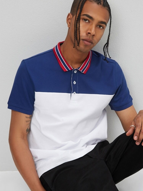 

FOREVER 21 Men White & Blue Colourblocked Polo Collar T-shirt