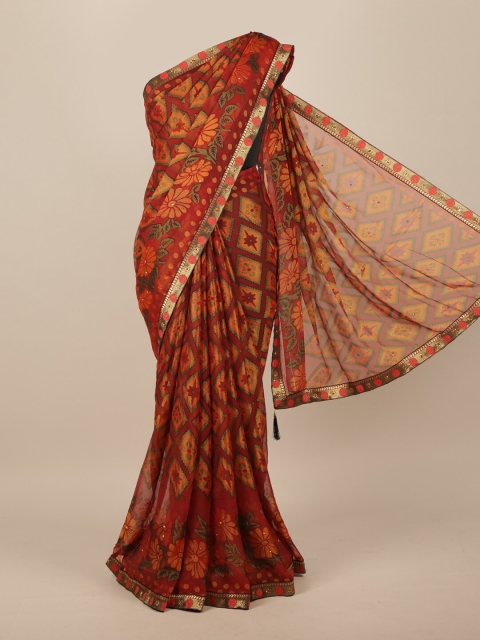 

Pothys Rust Red & Green Poly Chiffon Floral Saree