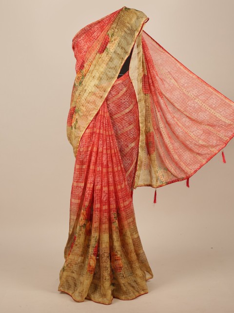

Pothys Pink & Green Floral Beads and Stones Saree