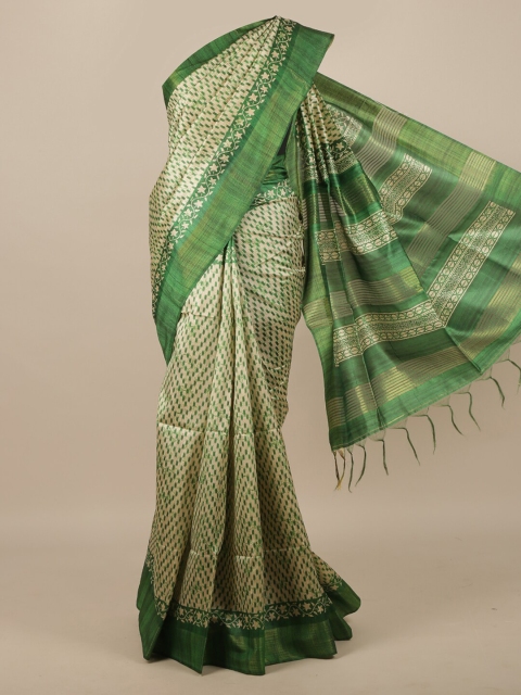 

Pothys Cream-coloured & Green Jute Silk Saree