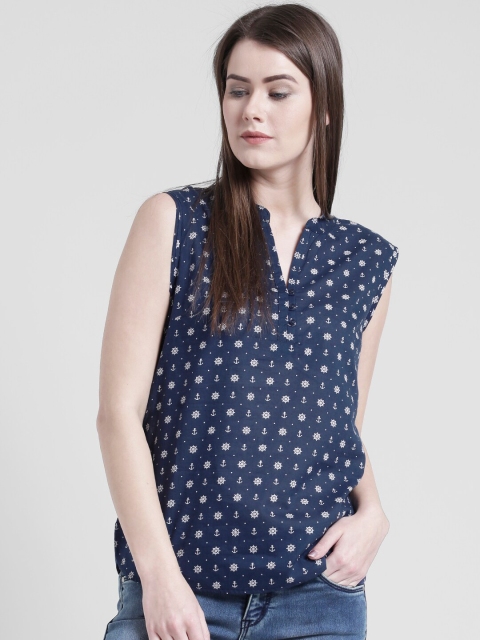 

Yaadleen Blue Geometric Mandarin Collar Regular Top