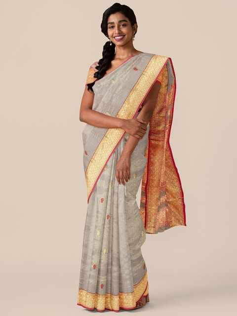 

Taneira Grey & Red Woven Design Zari Maheshwari Saree