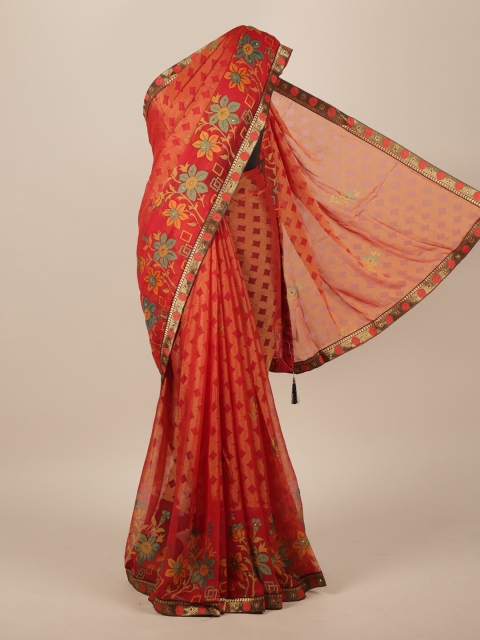 

Pothys Red & Teal Floral Poly Chiffon Saree