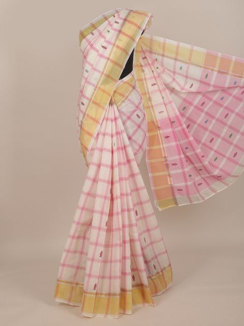 

Pothys White & Pink Checked Pure Cotton Saree