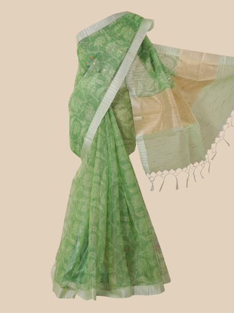 

Pothys Green & Grey Floral Mirror Work Tissue Saree