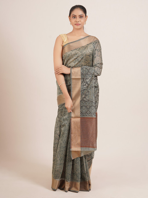 

Pothys Green & Tan Brown Ethnic Motifs Silk Blend Saree