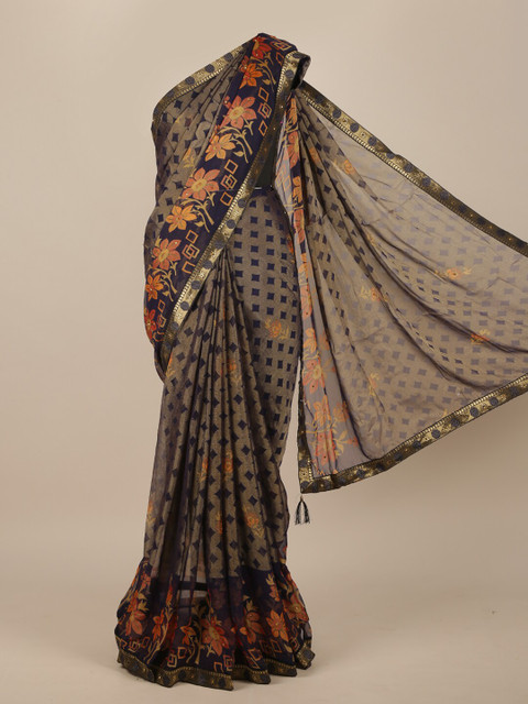

Pothys Navy Blue & Brown Floral Beads and Stones Saree