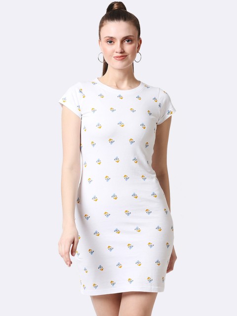 

Bewakoof Women's White Donald Duck Printed Pure Cotton T-shirt Dress