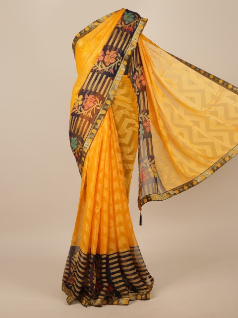 

Pothys Yellow & Black Woven Design Chanderi Saree