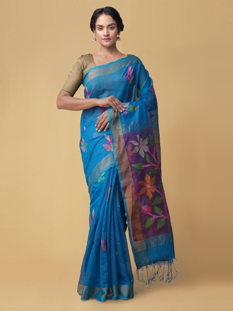 

Unnati Silks Blue & Purple Woven Design Silk Cotton Maheshwari Saree