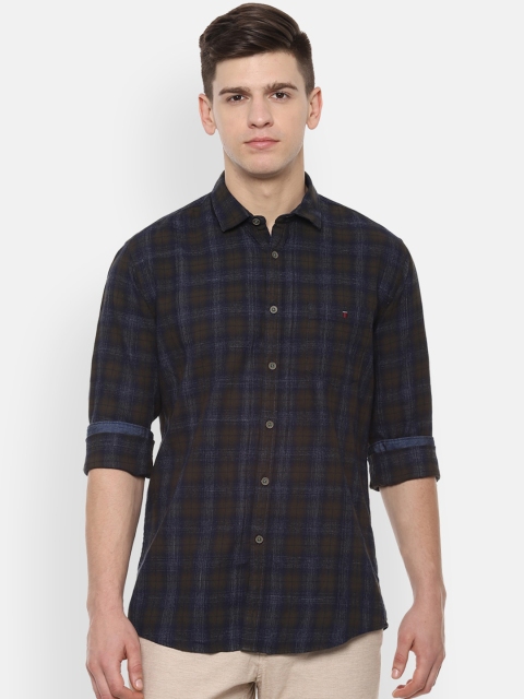 

Louis Philippe Jeans Men Olive Green & Navy Blue Slim Fit Checked Casual Shirt