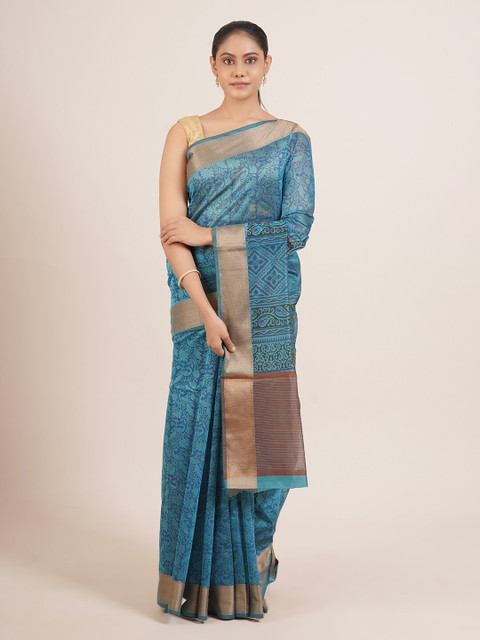 

Pothys Blue & Gold-Toned Floral Zari Silk Blend Saree