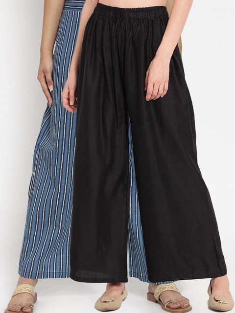

TAG 7 Women Black & Blue Set of 2 Flared Ethnic Palazzos