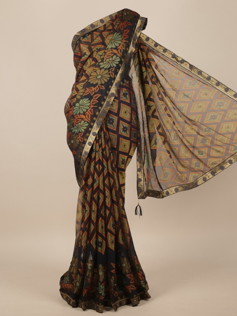 

Pothys Navy Blue & Green Floral Poly Chiffon Saree