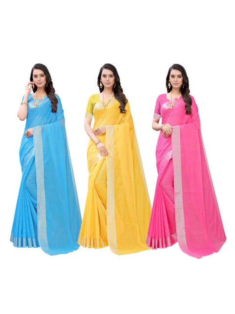 

KALINI Blue & Yellow Pack of 3 Solid Zari Saree