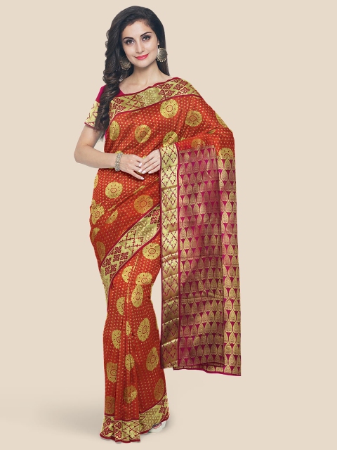 

KLM Fashion Mall Red & Gold-Toned Ethnic Motifs Zari Silk Blend Kanjeevaram Saree