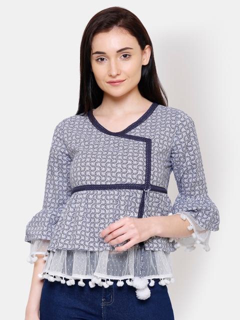 

Yaadleen Navy Blue Bell Sleeve Layered Wrap Top