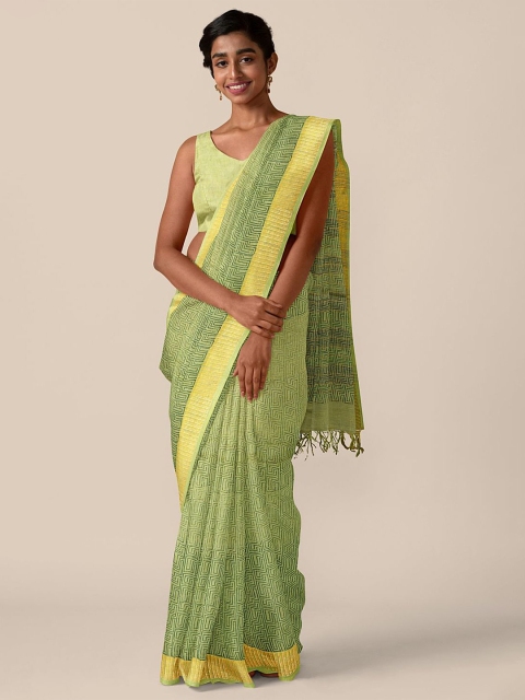 

Taneira Green & Yellow Zari Pure Linen Saree
