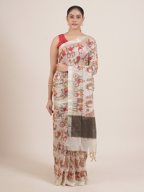 

Pothys Cream & Coral Warli Zari Cotton Blend Saree