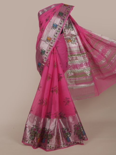 

Pothys Pink & Silver-Toned Floral Pure Cotton Saree