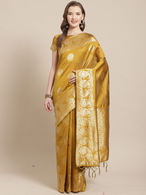 

Saree mall Gold Floral Silk Blend Banarasi Sarees