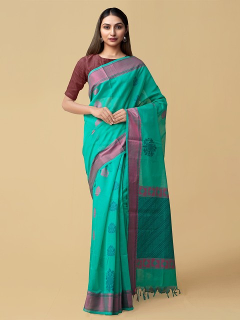 

Unnati Silks Green & Purple Woven Design Silk Cotton Uppada Saree