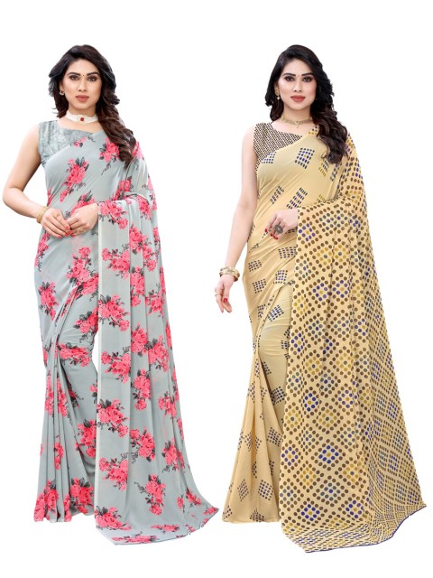 

KALINI Grey & Cream-Coloured Pack of 2 Floral Pure Georgette Sarees