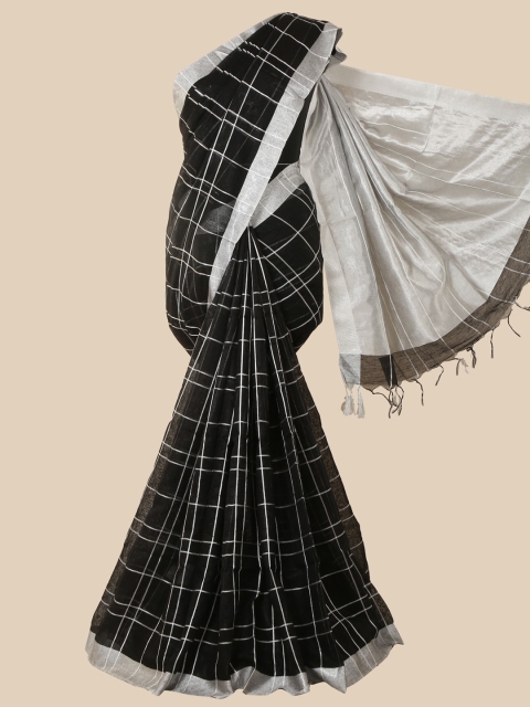 

Pothys Black & Silver-Toned Checked Zari Linen Blend Saree