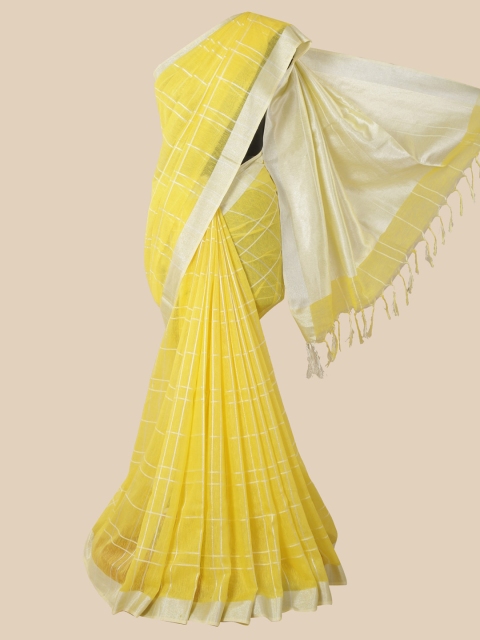 

Pothys Yellow & Silver-Toned Checked Linen Blend Saree