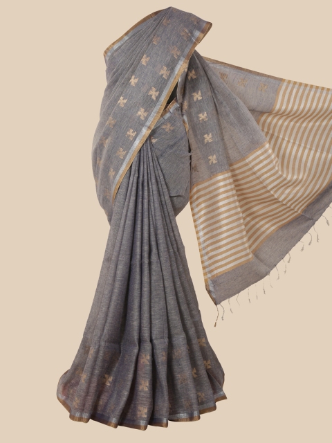 

Pothys Grey & Silver-Toned Floral Linen Blend Saree