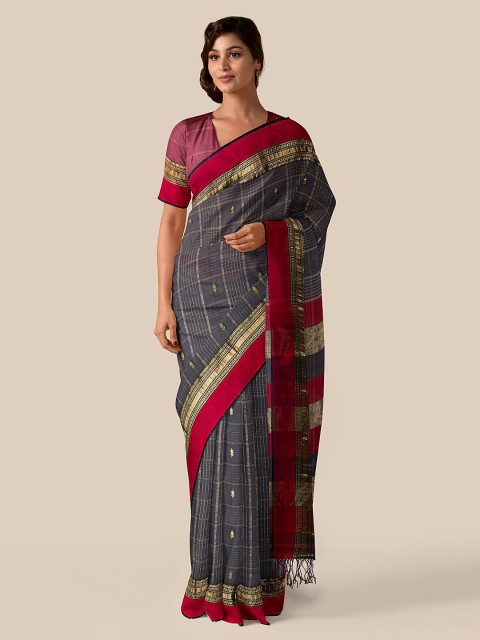 

Taneira Grey & Maroon Checked Silk Cotton Maheshwari Saree