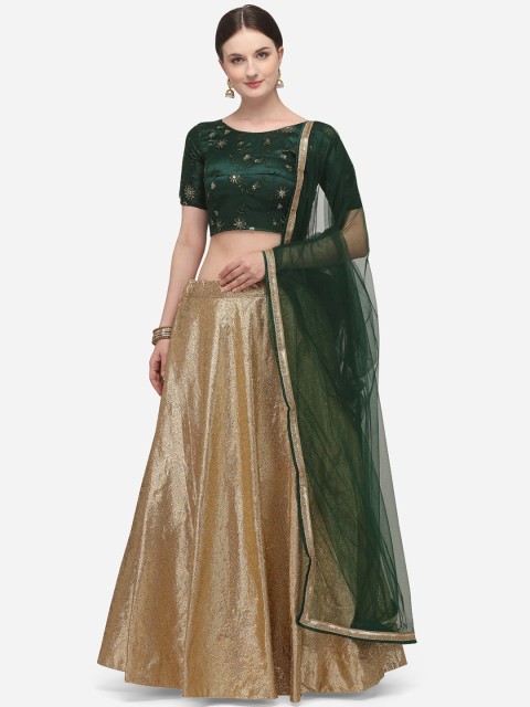 

LOOKNBOOK ART Cream & Green Embroidered Semi-Stitched Lehenga & Unstitched Blouse With Dupatta