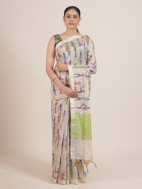 

Pothys Cream & Green Warli Zari Saree