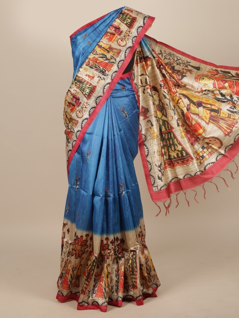 

Pothys Blue & Cream-Coloured Ethnic Motifs Jute Silk Saree