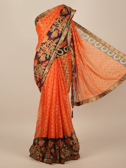 

Pothys Orange & Black Floral Beads and Stones Saree