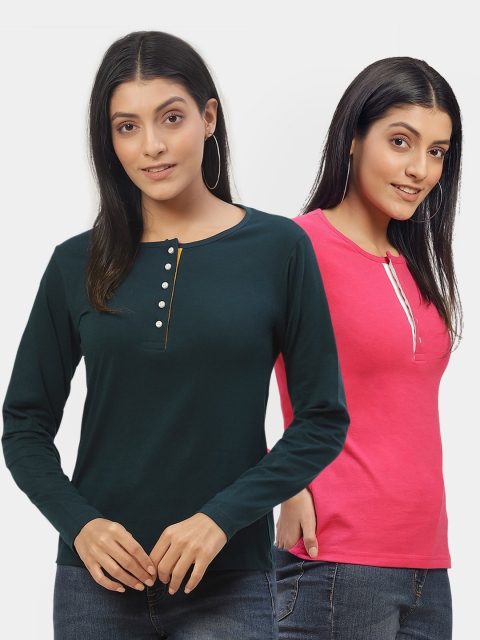 

The Dry State Women Green & Pink 2 Henley Neck Slim Fit T-shirt