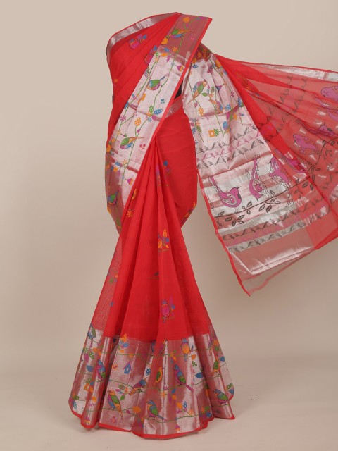 

Pothys Red & Silver-Toned Floral Pure Cotton Saree