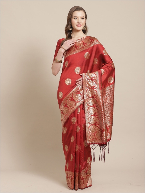 

Saree mall Maroon & Gold-Toned Ethnic Motifs Silk Blend Banarasi Sarees
