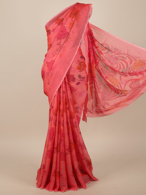 

Pothys Pink Floral Beads and Stones Chanderi Saree