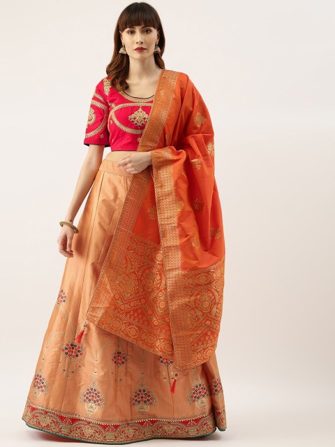 

Kvsfab Women Red & Orange Woven Design Lehenga Choli