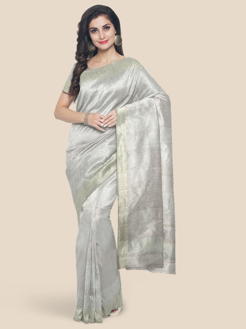 

KLM Fashion Mall Grey & Silver-Toned Woven Design Linen Blend Banarasi Saree