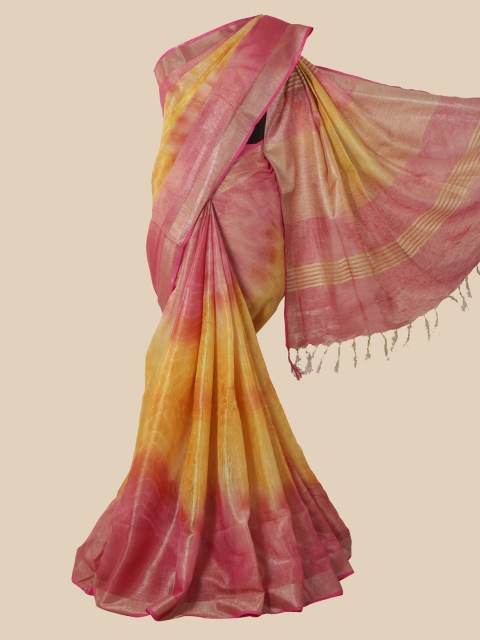 

Pothys Pink & Yellow Colourblocked Linen Blend Saree