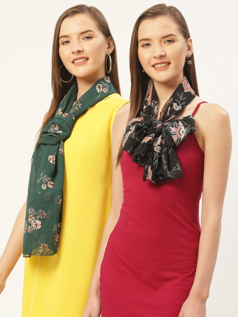 Trend Arrest Women Pack Of 2 Black & Green Printed Scarves