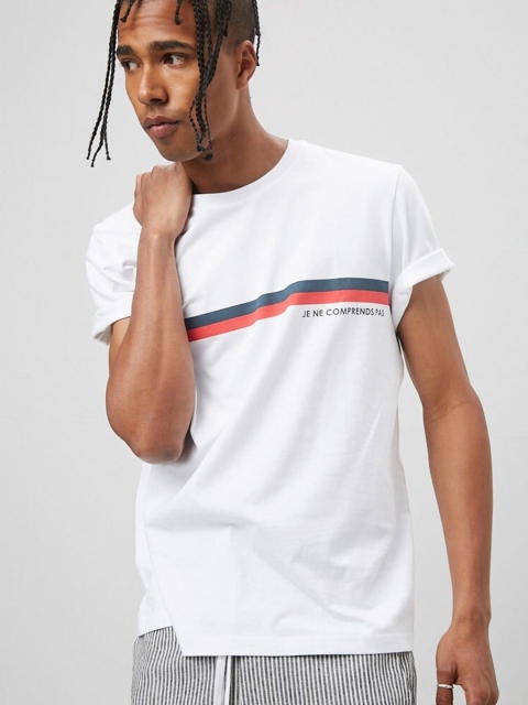 

FOREVER 21 Men White & Navy Blue Printed Cotton T-shirt