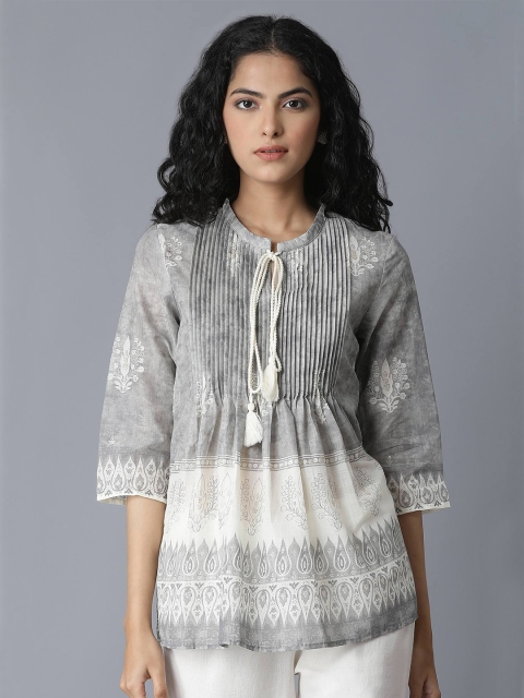 

W Grey & Cream-Coloured Colourblocked Tie-Up Neck A-Line Top