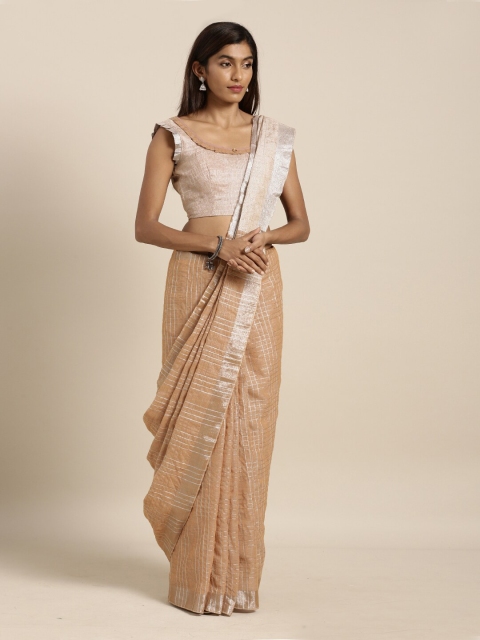 

Kvsfab Brown & Silver-Toned Checked Zari Linen Blend Saree